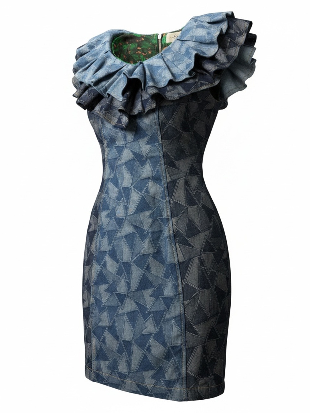 Sassy Jones Ginger Patchwork Denim Dress/Ruffle Neckline Size: XS